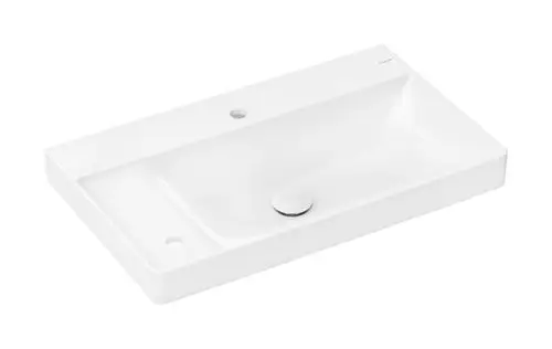 Helles Waschbecken von Hansgrohe mit integriertem Ablagebereich auf der linken Seite und zwei Hahnlöchern, ohne Überlauf, in klarer, schlichter Form.